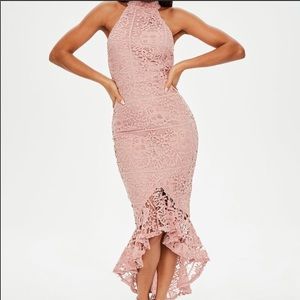 Pink lace high neck fishtail midi dress.